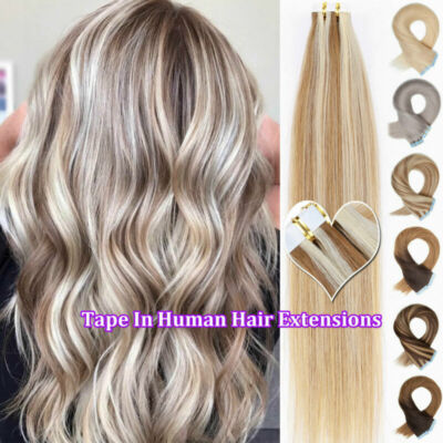 Invisible Tape In Russian Real Remy Human Hair Extensions Skin Weft FULL HEAD US