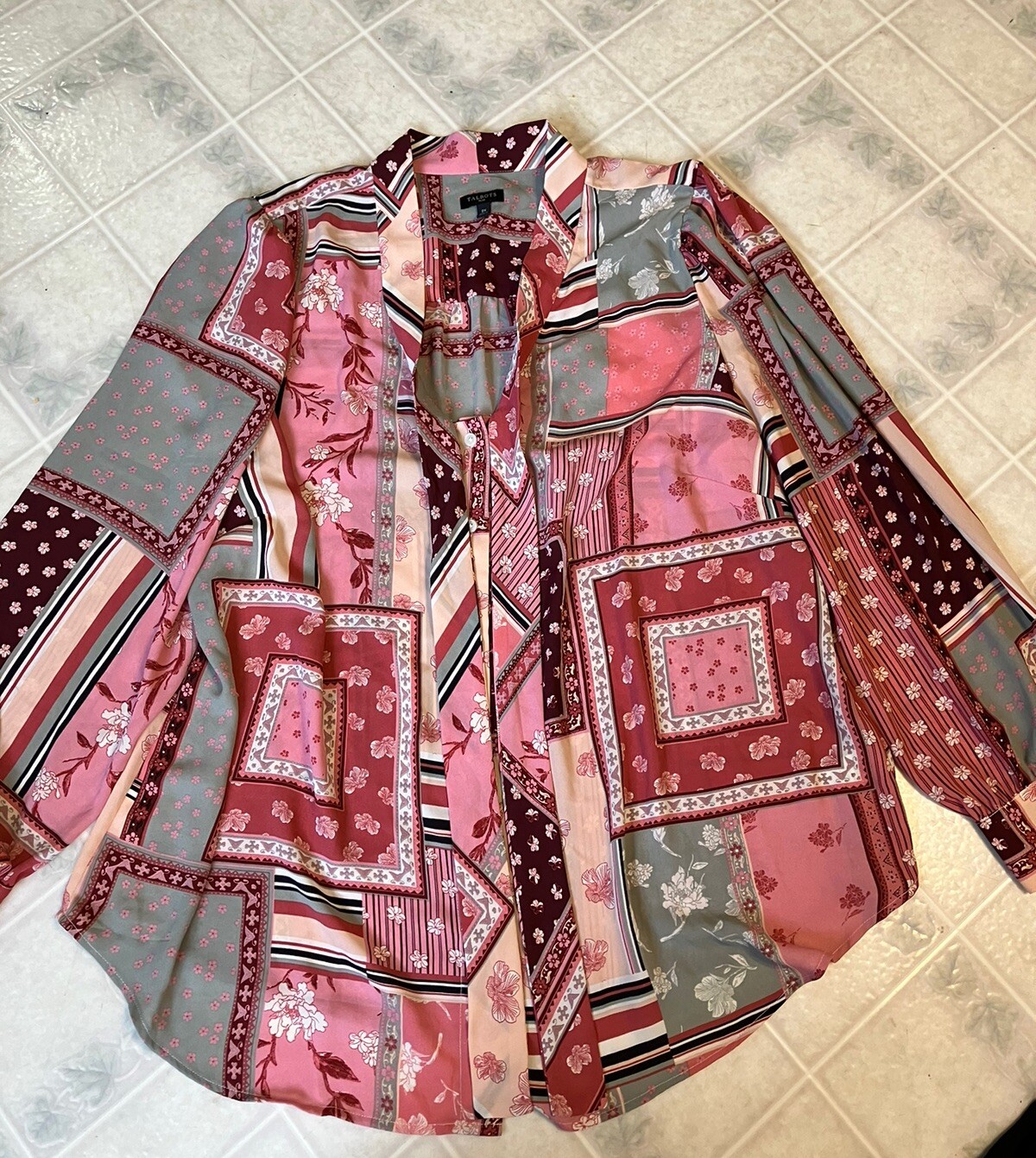 Talbots Rose Patchwork Pattern Tie Neck Button Fr… - image 1