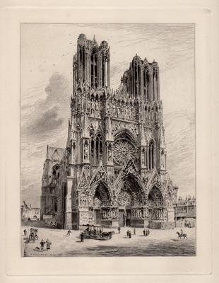 LOOK 1800s ORIGINAL TOUSSAINT Etching ''Famous Reims Cathedral'' Framed Signed COA