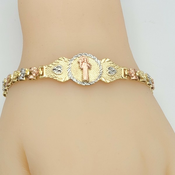 Alternate view of Tri Color Gold Plated Saint Benedict Bracelet. Pulsera San Benito Oro Laminado