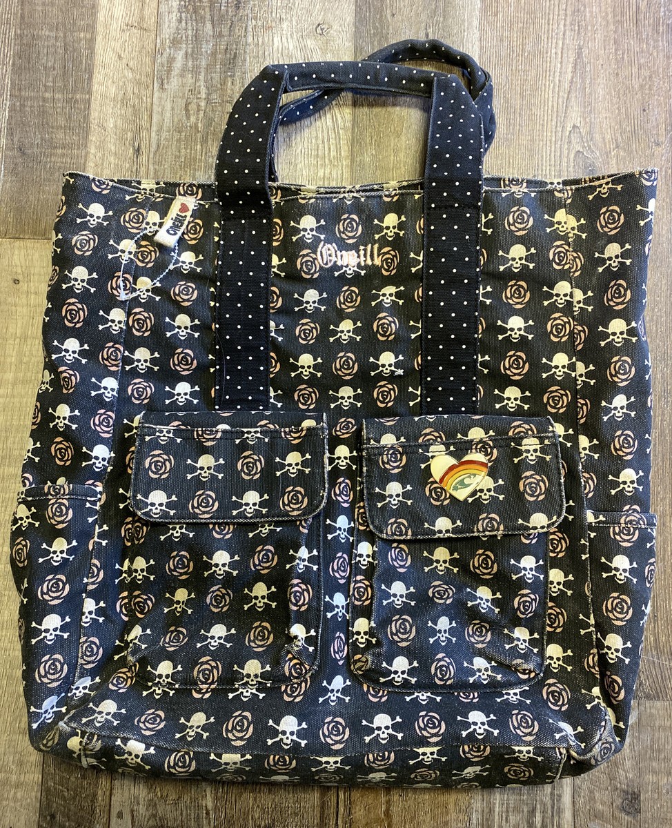 Vintage O'Neill Shoulder Bag Beach Tote Large Skull Rose Rainbow