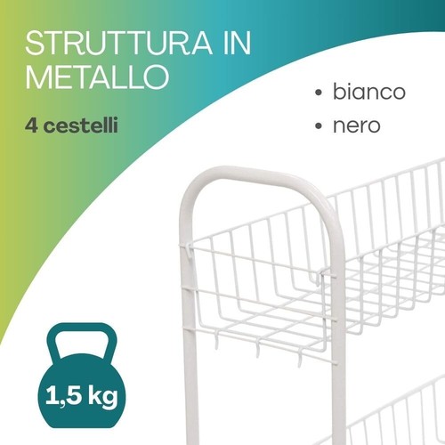 Carrello Portaoggetti in Metallo 4 Ripiani Multiuso Cucina 4 Ruote 6120F Bianco - Foto 3 di 6