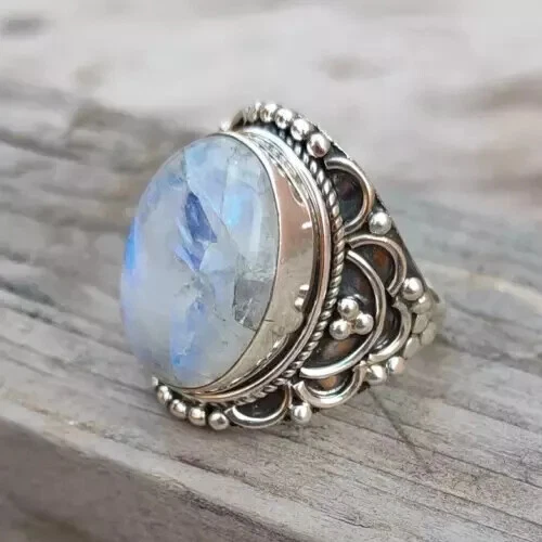 Anillo de plata esterlina 925 con piedra lunar arco iris hecho a mano todas las tallas R224 Foto 2 de 3