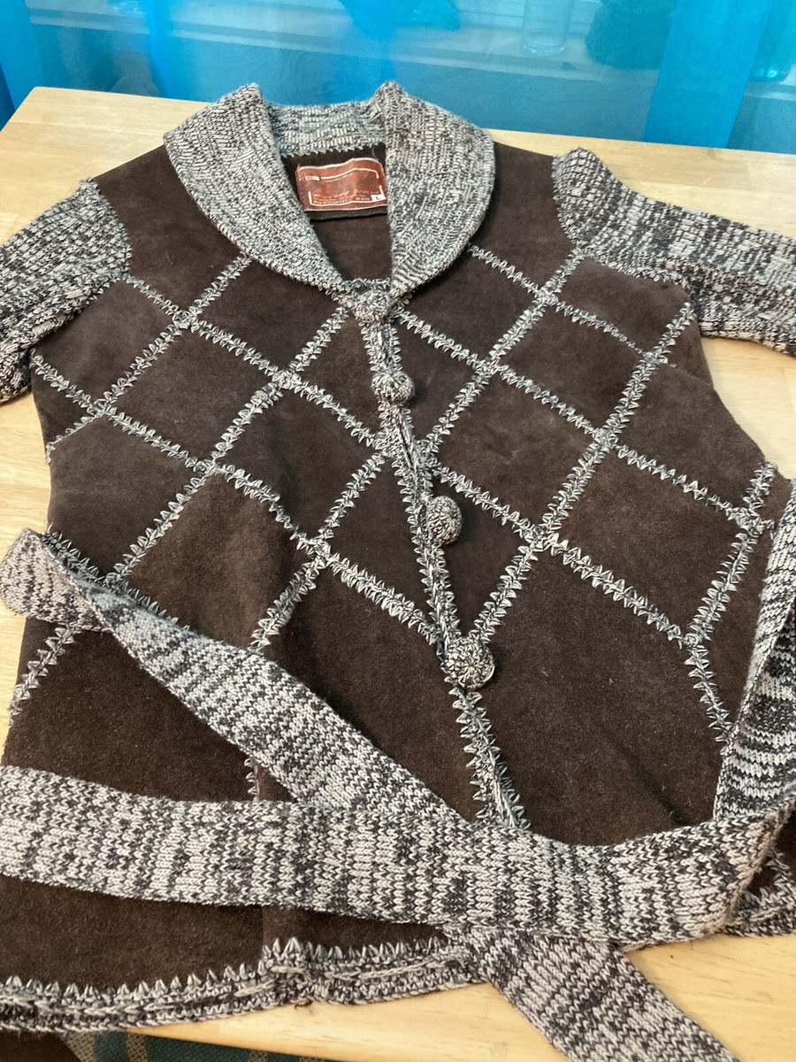 70s Kmart Suede 'n Knit 蝶柄 Vintage Kmart Suede N' Knit, Genuine Leather Acrylic Knit Jacket