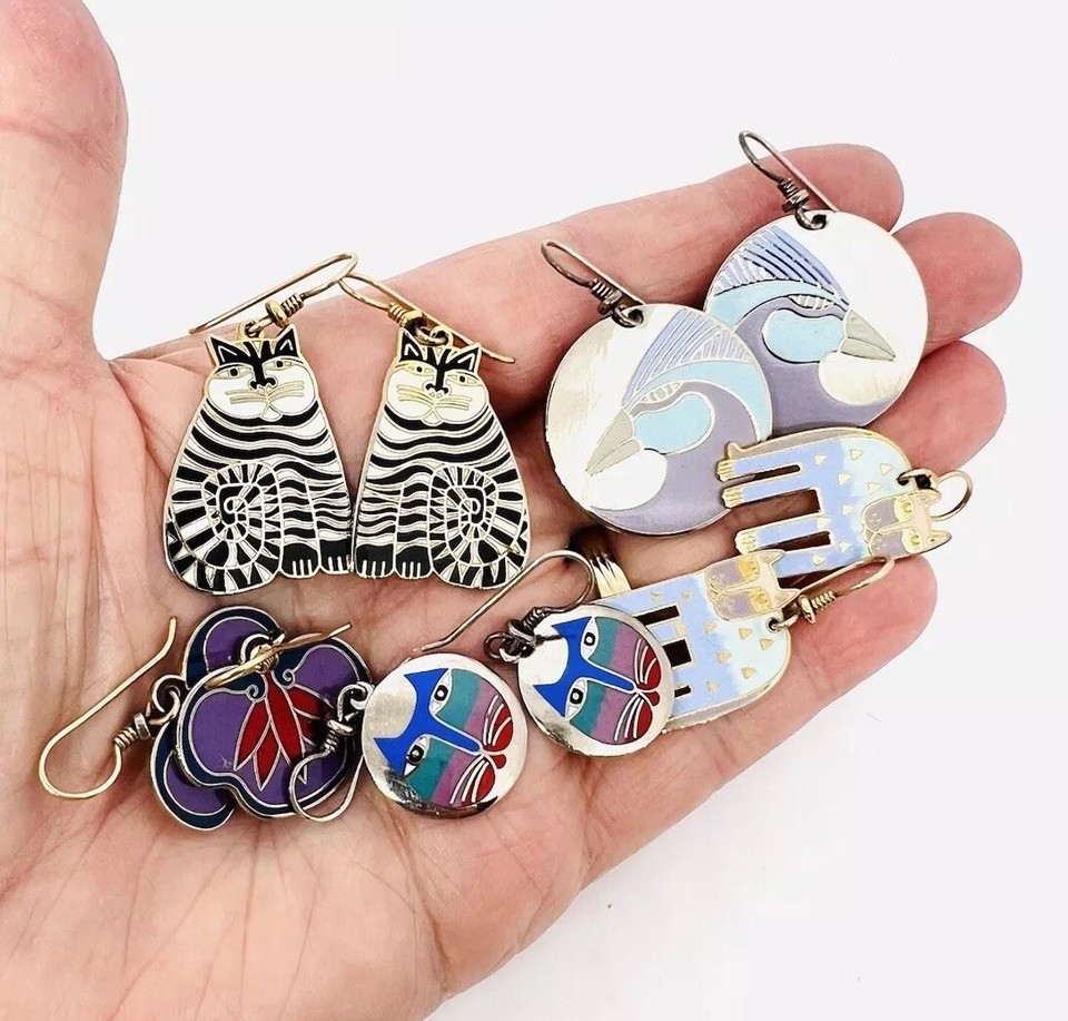 Lot 5 Pair LAUREL BURCH Earrings Harlequin Bird Shambala Signed Vintage