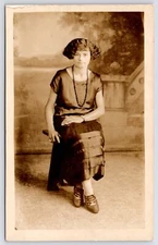 RPPC Flapper Studio Shot~Lovely Lady w/Waved Bob Hair~Black Beads~Short Sleeves