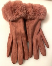 Faux Suede Fur Top Dress Touch Screen Embroidered Fingers Gloves Salmon Pink NWT
