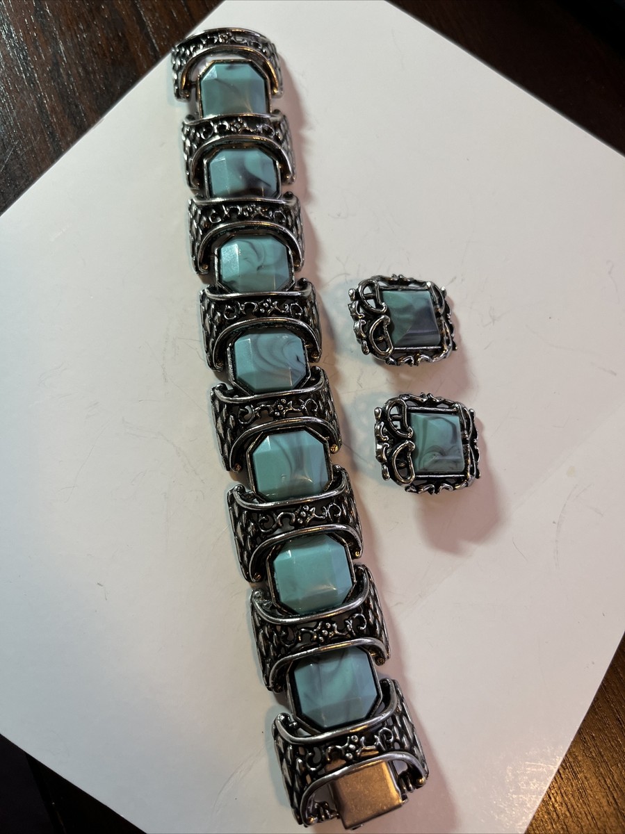 Vintage Karu Arke Signed Faux Turquoise Bracelet Earrings Set | eBay