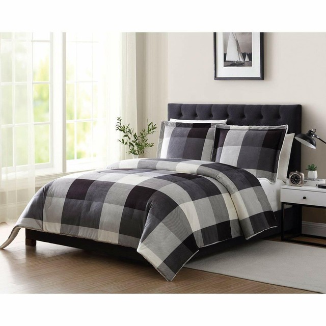 4 Piece Brown Plaid Queen Comforter Set Tan Cabin Theme Bedding