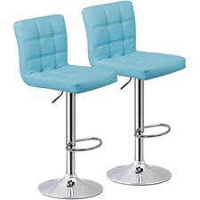 Set of 2 Adjustable Bar Stools PU Leather Modern Dinning Chair with Back Blue