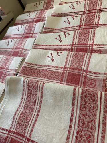 Antique tablecloth and 12 towels linen cotton 19th century Damascus floral red bed - Picture 7 of 13