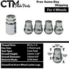 4x Chrome M12x1.5 Cone Seat Anti-Theft Wheel Lock Lug Nut+Key Fit Hyunda Model