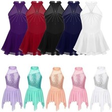 Girls Kids Sparkly Halter Neck Ballet Gymnastics Leotard Lyrical Skating Dress