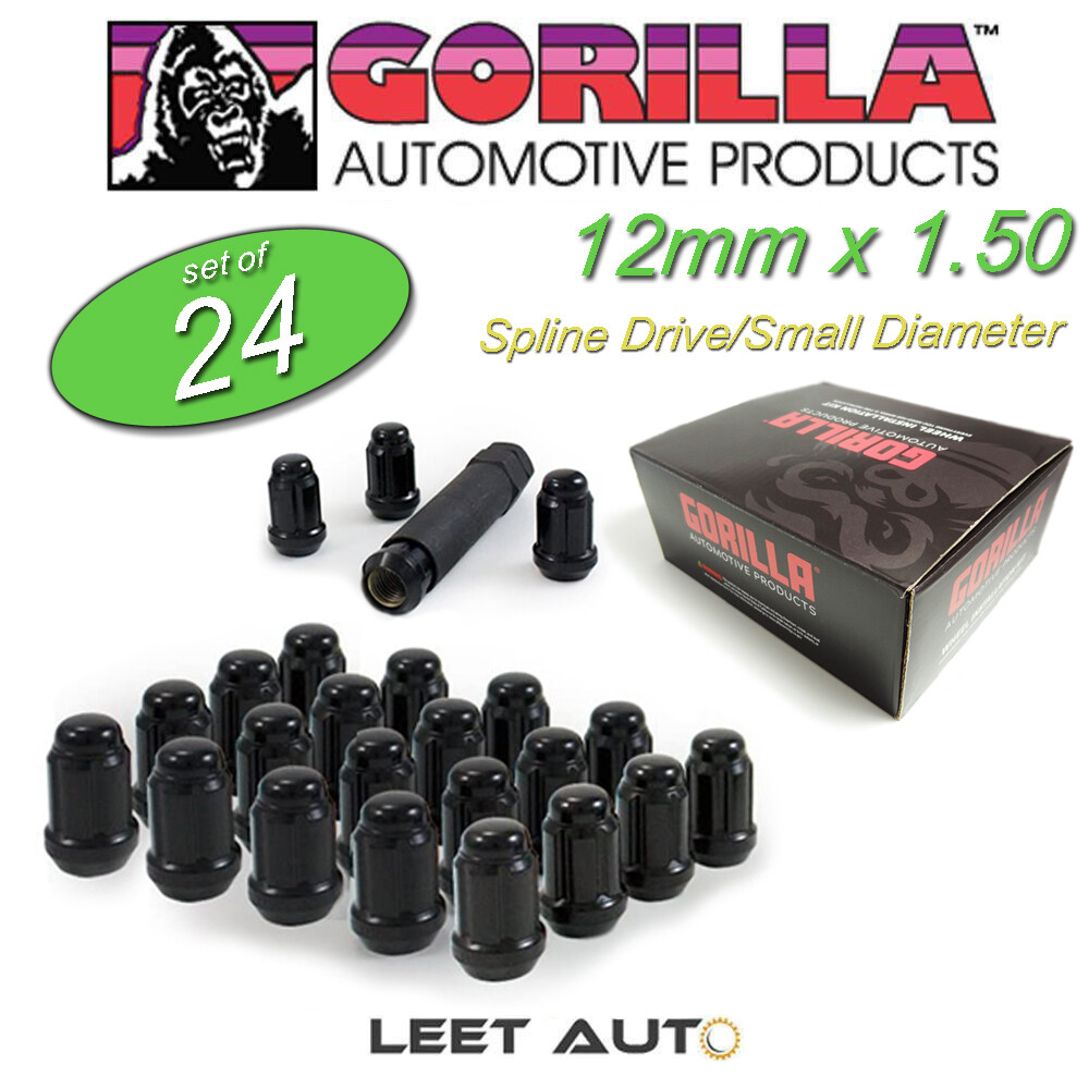 (24) Gorilla Small Diameter Lug Nuts, Black, 12mm x 1.50, 12x1.5, K6CS-12150BGR