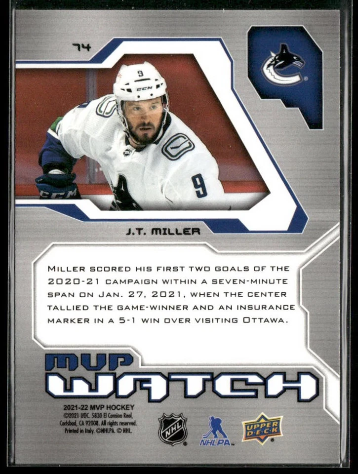 2021-22 Upper Deck MVP #74 J.T. Miller Vancouver Canucks 20th Anniversary - Image 2 of 2
