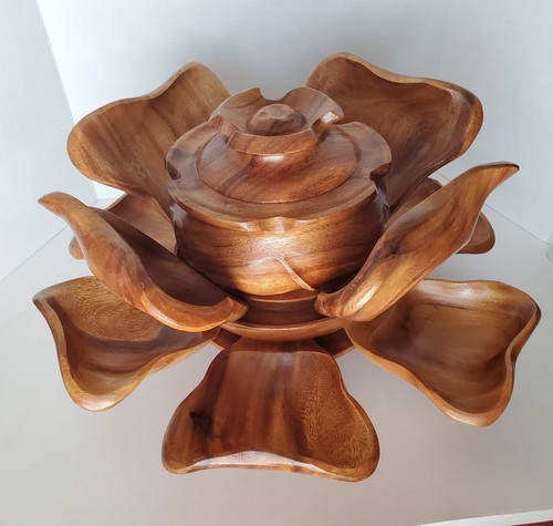 VTG MCM Polynesian Monkey Pod Wood Lotus Flower Chip & Dip-Salad-Serving Set 