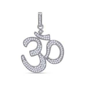 Authentic 1/2 Ct Simulated Diamond OM Symbol Hindu Pendant 18K White Gold Plated