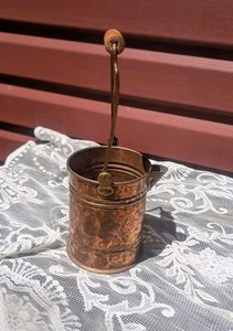 Vintage Small Copper Watering Can Pail with Wooden Handle & Spout Hanging Decor
