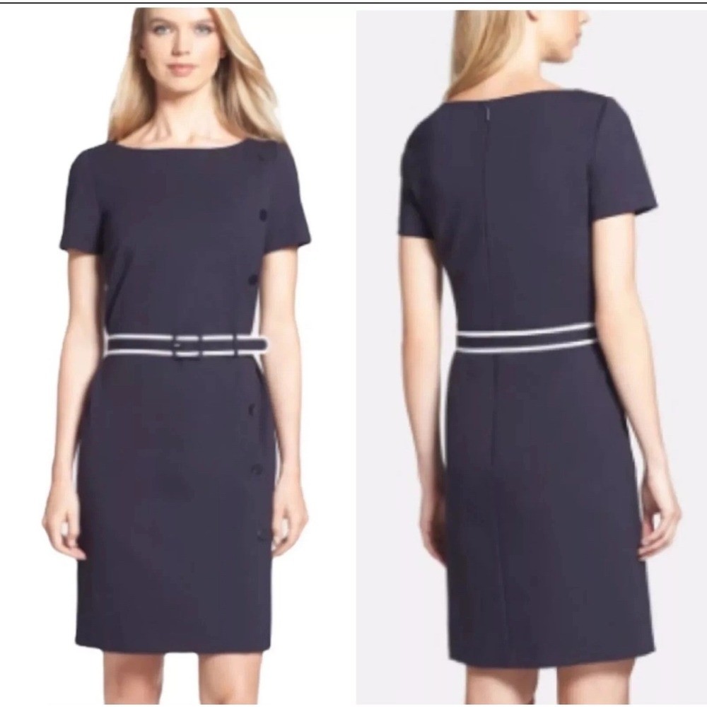 Tory Burch Sonia Navy Belted Pencil Dress Short Sleeve Boat Neck Stretch Knit L