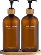 Amber Glass Soap Dispenser Set, Hand Soap and Dish Soap Dispenser Set with Bambo