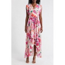 Eliza J Obi Floral Maxi Dress 8P Pink Watercolor High-Low Ruffle Wedding Guest