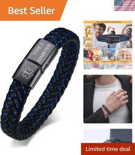 Blue Braided Leather Medical Symbol Caduceus with Magnetic Clasp Cuff Wristba...