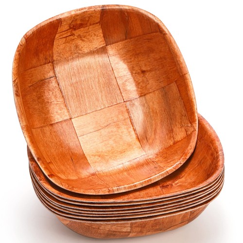 8 Pack 8 Inch Wooden Woven Salad Bowl, Reusable Square Serving Bowl Woven Woo...