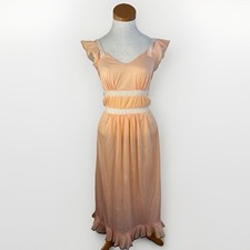 Vtg 50s Luxite Long NIGHTGOWN Gown Lace Flutter Sleeves Peach Ivory Lace Mesh 34