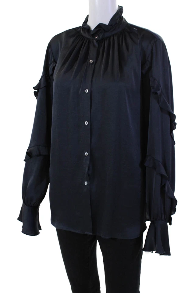 Blusa para mujer Bailey 44 con volantes cuello redondo botón largo dolwn azul marino talla L Foto 2 de 4