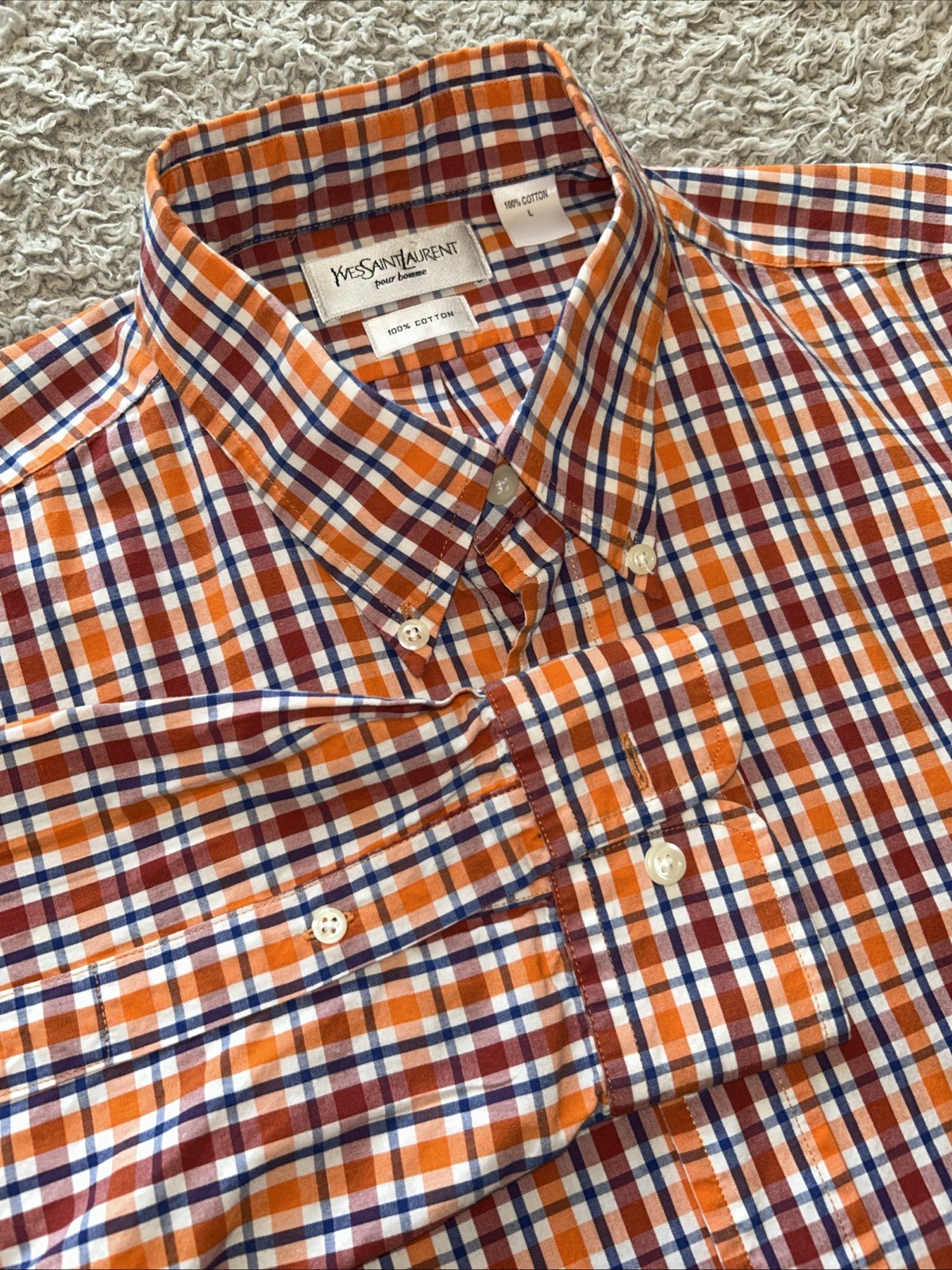 Camicia di design Yves Saint Laurent arancione blu misto quadri manica lunga logo grande