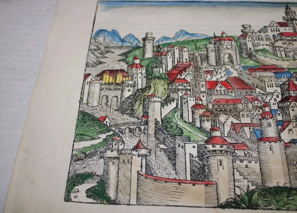 Antique 15th c. German NUREMBERG CHRONICAL of Pisa leaf, 1492 - Image 3 of 4