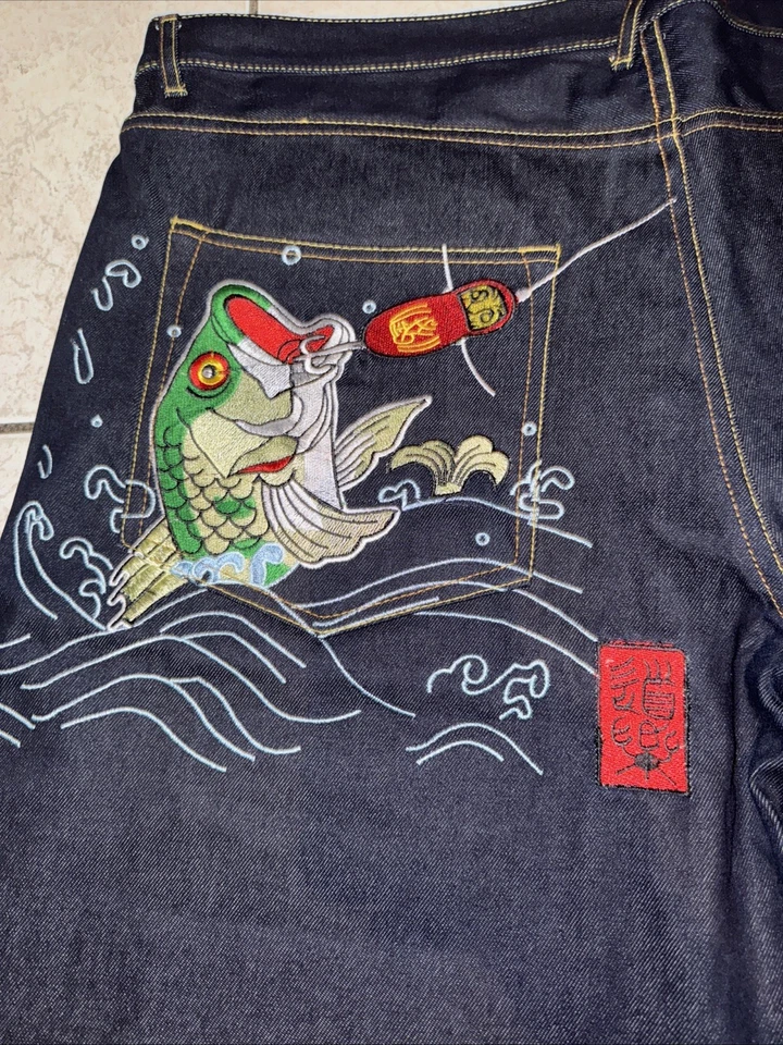 Vintage 44 Evisu Heifetgens Blue Denim Embroidered Y2K Baggy Shorts Koi Tsu NWOT - Image 2 of 4