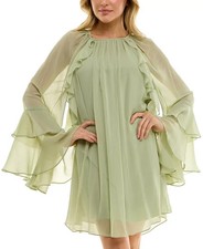 B Darlin Juniors' Ruffled Chiffon Long-Sleeve Dress-Sage-5/6-DEFECT