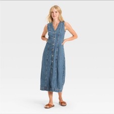 NWT Women's Denim Button-Down AnkleDress - Universal Thread Medium Wash 4
