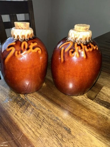 Vintage USA Made Hull Pottery Brown Drip Glaze Salt and Pepper Shakers Cork Top
