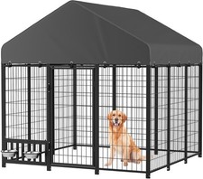6x6 Ft Outdoor Dog Kennel Reinforced Steel Frame with Roof  Feeding Bowl