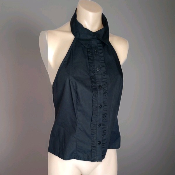 Ruffled Halter Top Womens Size 10 Black Button up open Back Cotton Blouse BNWT