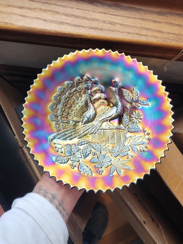 Pretty Purple Northwood Carnival Glass Peacocks on the Fence Plate