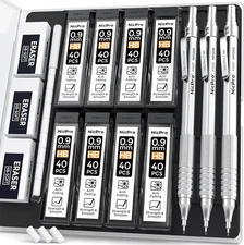 Nicpro 0.9 mm Metal Mechanical Pencil Set with Case, 3PCS MM, Silver 