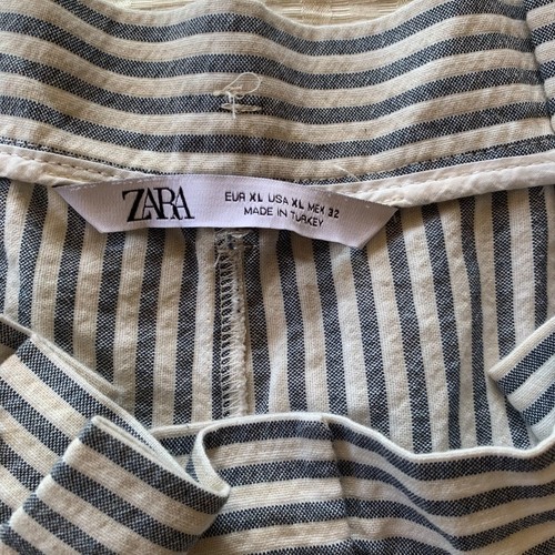 Zara Women Pants Size XL Navy Striped Cotton Stretch Tapered Paperbag Trouser - Picture 4 of 8