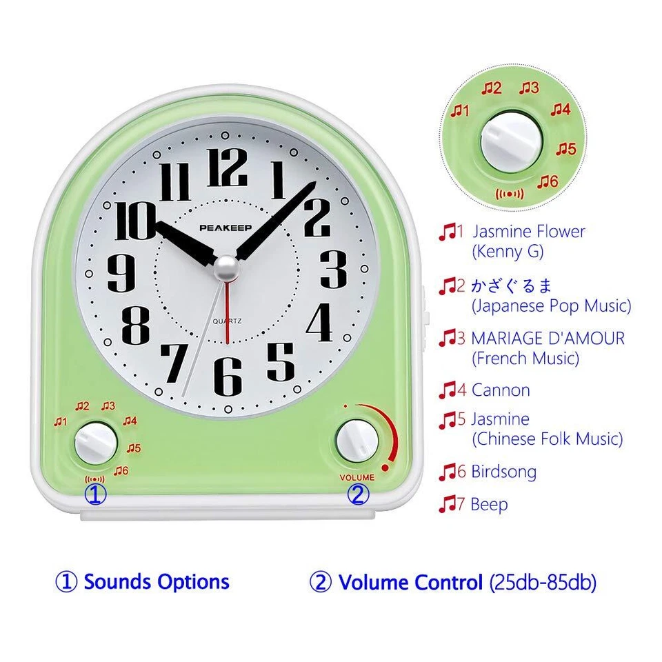Analog Alarm Clock Non-Ticking Silent Optional 7 Wake-up Sounds with Volume C... - Image 2 of 4