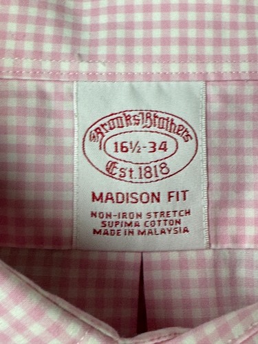 Brooks Brothers Dress Shirt Men's 16.5-34 Madison Fit White Pink Check - Picture 2 of 11