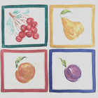 Linen Hemstitch Border Cocktail Napkins Hand Painted Watercolor Fruit Set of 4