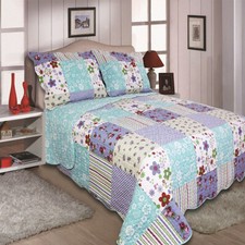 Single BedSpread Set Quilted Lily Patchwork & Floral Reversible Cottage Pattern