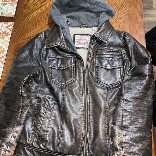 Black Leather Jacket Hooded Size 