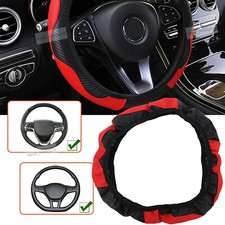 Car Steering Wheel Cover Red Black Leather Anti-slip For 1538cm Carbon Fiber