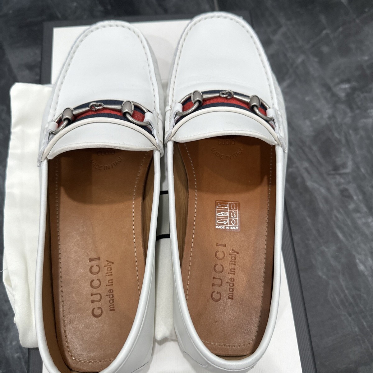 GUCCI 白ローファー 8 1/2 B Authentic Gucci Web Silver Horsebit White Leather Men Loafer Gucci