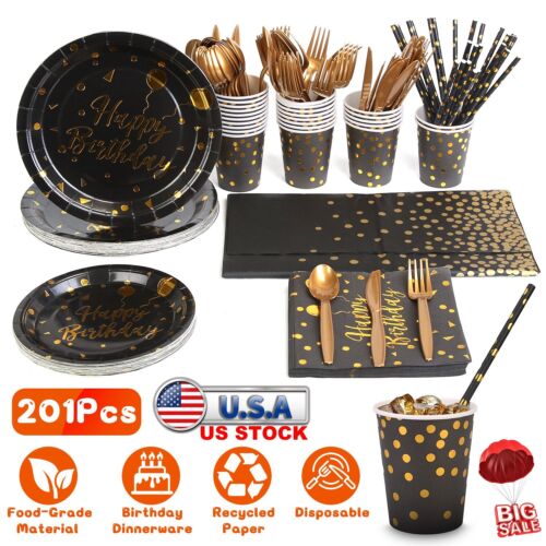 201pcs Disposable Dinnerware Set 25 Guests Plastic Plates for Birthday Party
