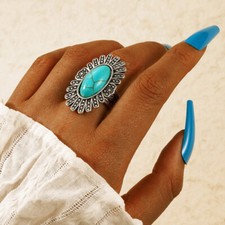 Retro Ethnic Style Turquoise Big Oval Handmade Ring - Size 8