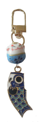 Purse Charm Lucky Cat Blue Porcelain Enamel Koi Gold Plated/Gift Bag